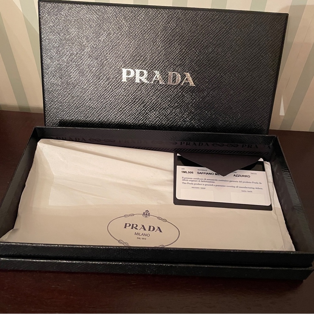 Prada Saffiano Leather Wallet in Blue Box, Tissue and Card - Picture 14 of 15